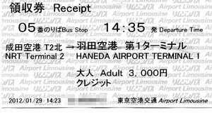 成田空港から羽田空港へ向かうリムジンの半券